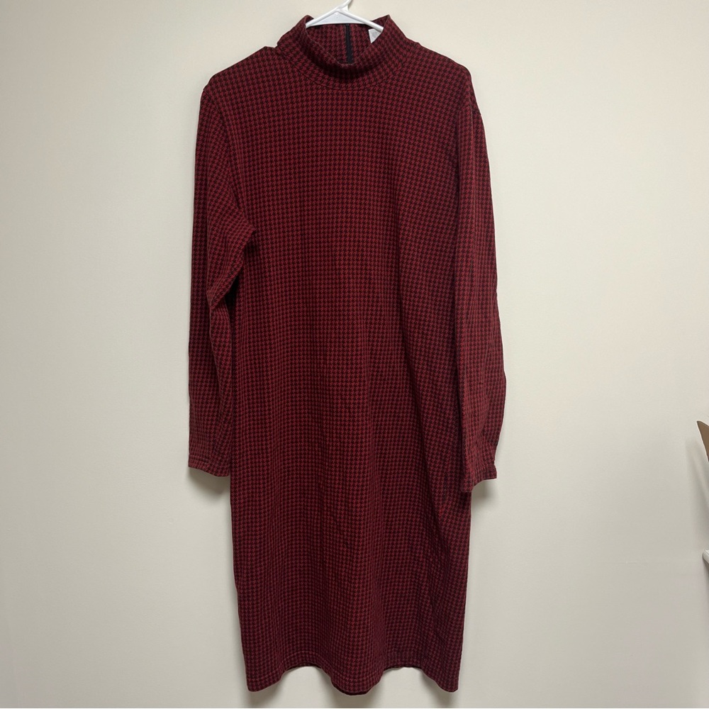 Lands end red black houndstooth‎ long sleeve turtleneck midi dress size 14/16